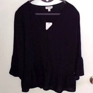 NWT Frank and Oak Black Peplum Bell Sleeve Semi Sheer Lightweight Blouse Size L